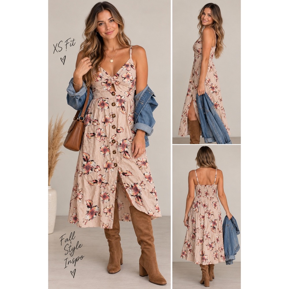 Mimi Chica Floral Midi Dress Pink Button Front Twist Cutout Small